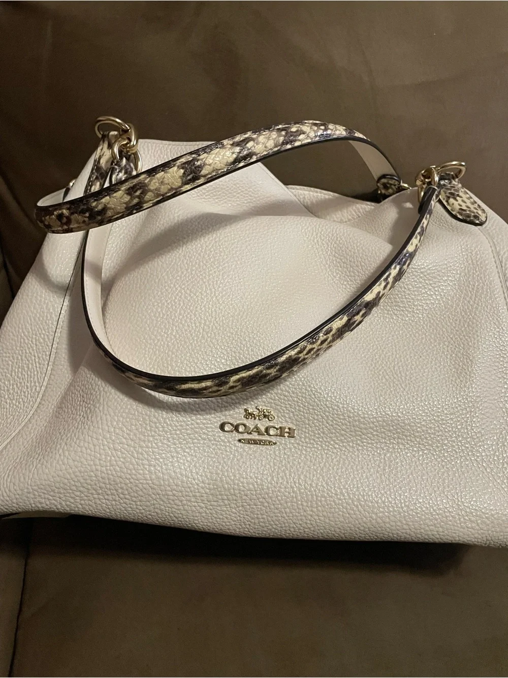 Coach Pebbled Leather Hobo Bag in White with Snake-Print Strap